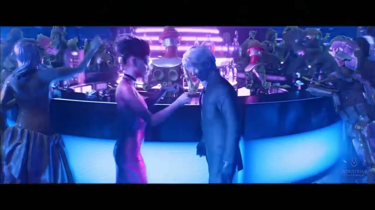 A frame from the VFX reel: a cinematic CG scene of two characters at a neon-lit bar surrounded by ornate figures.